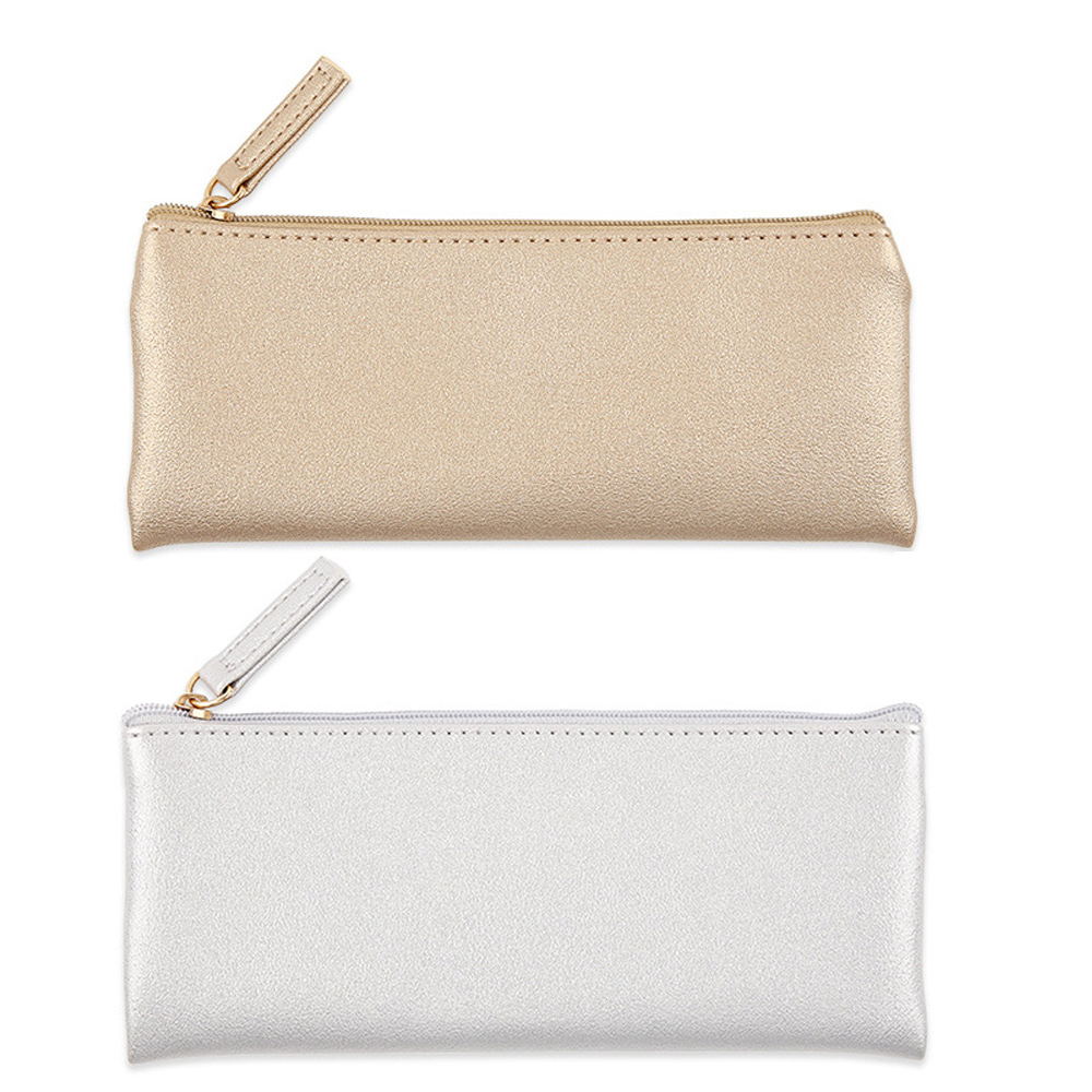 EONMIR PU Leather Pencil Cases Pouch Bag with Zipper, Small Simple Pencil Pouches, Makeup Pouch, Cosmetic Pouch(Gold+Silver)